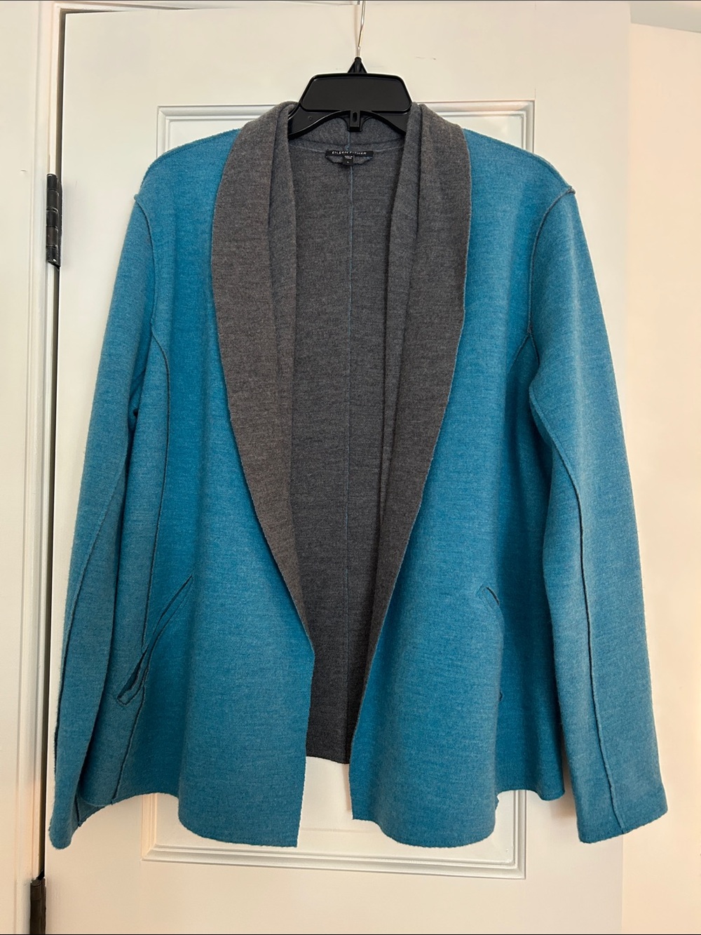Eileen Fisher Teal Open-Front Jacket with Gray Shawl Collar
